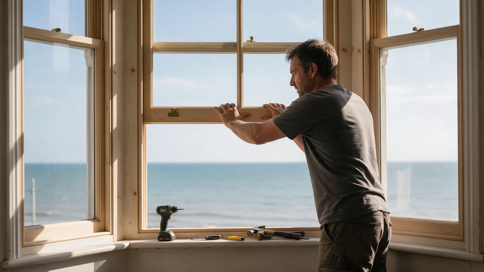 A joiner fitting a new timber sash window from inside a Victorian bay with the sea visible through the glass