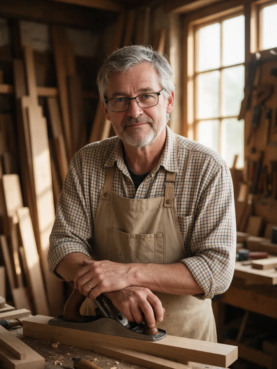 Alun Rees standing at a workbench in a timber workshop with his arms resting on a plane