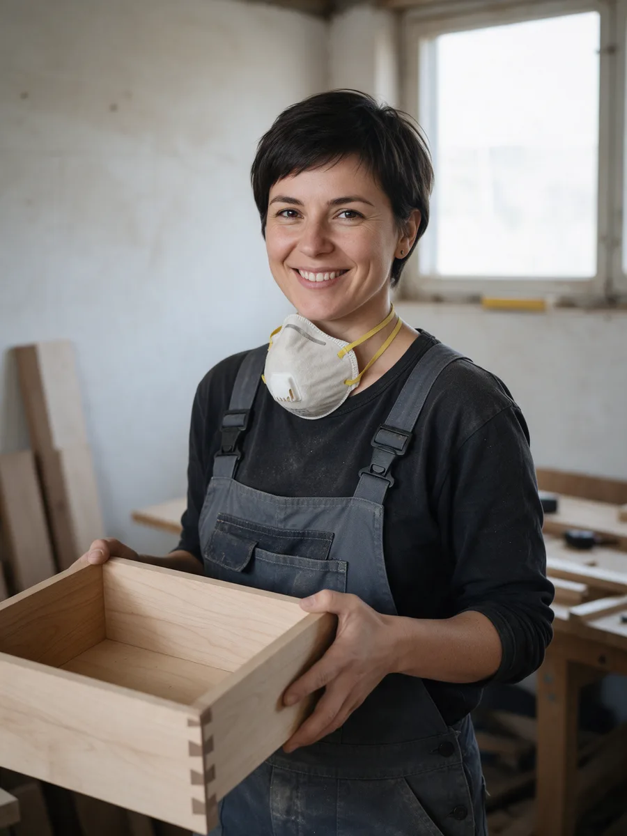 Ffion Rees holding a dovetailed drawer in a workshop