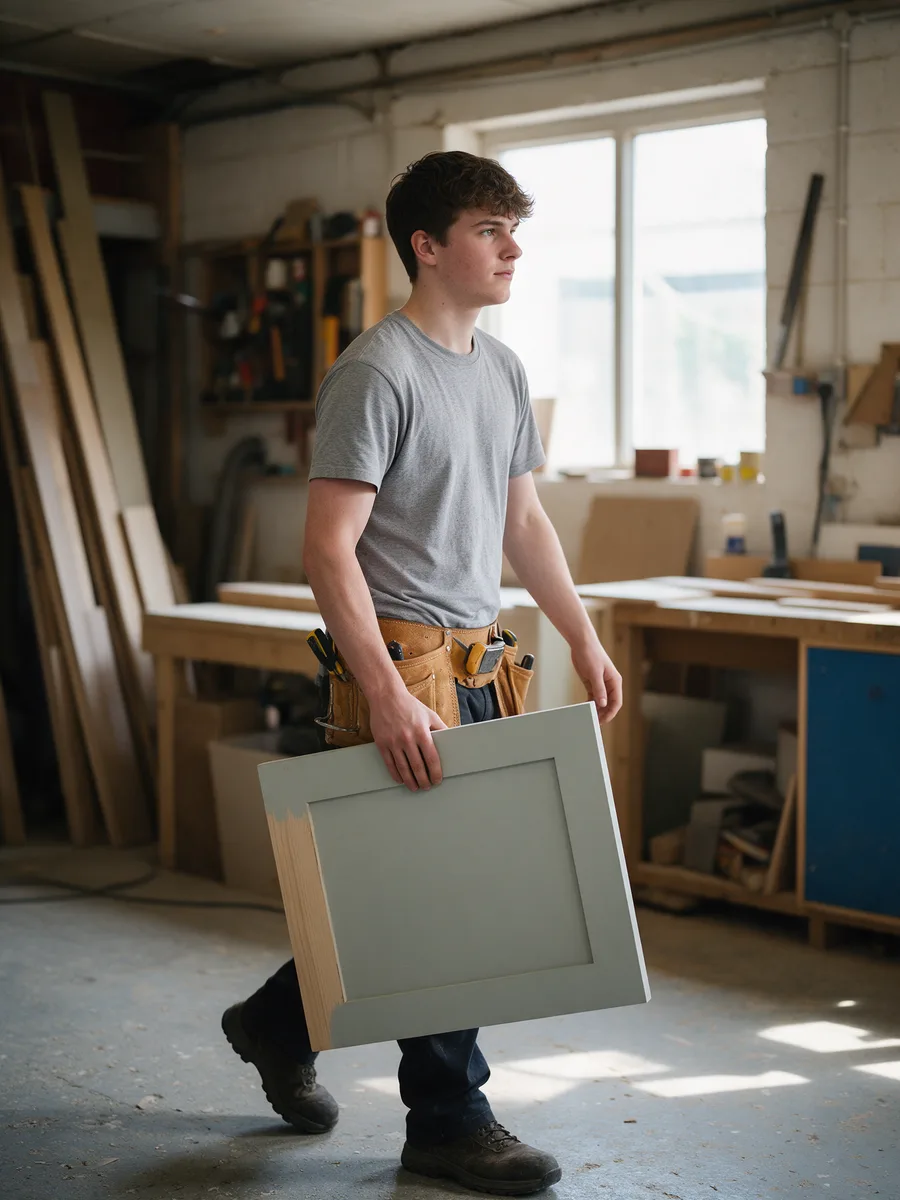 Owen Davies carrying a painted cabinet door through a workshop