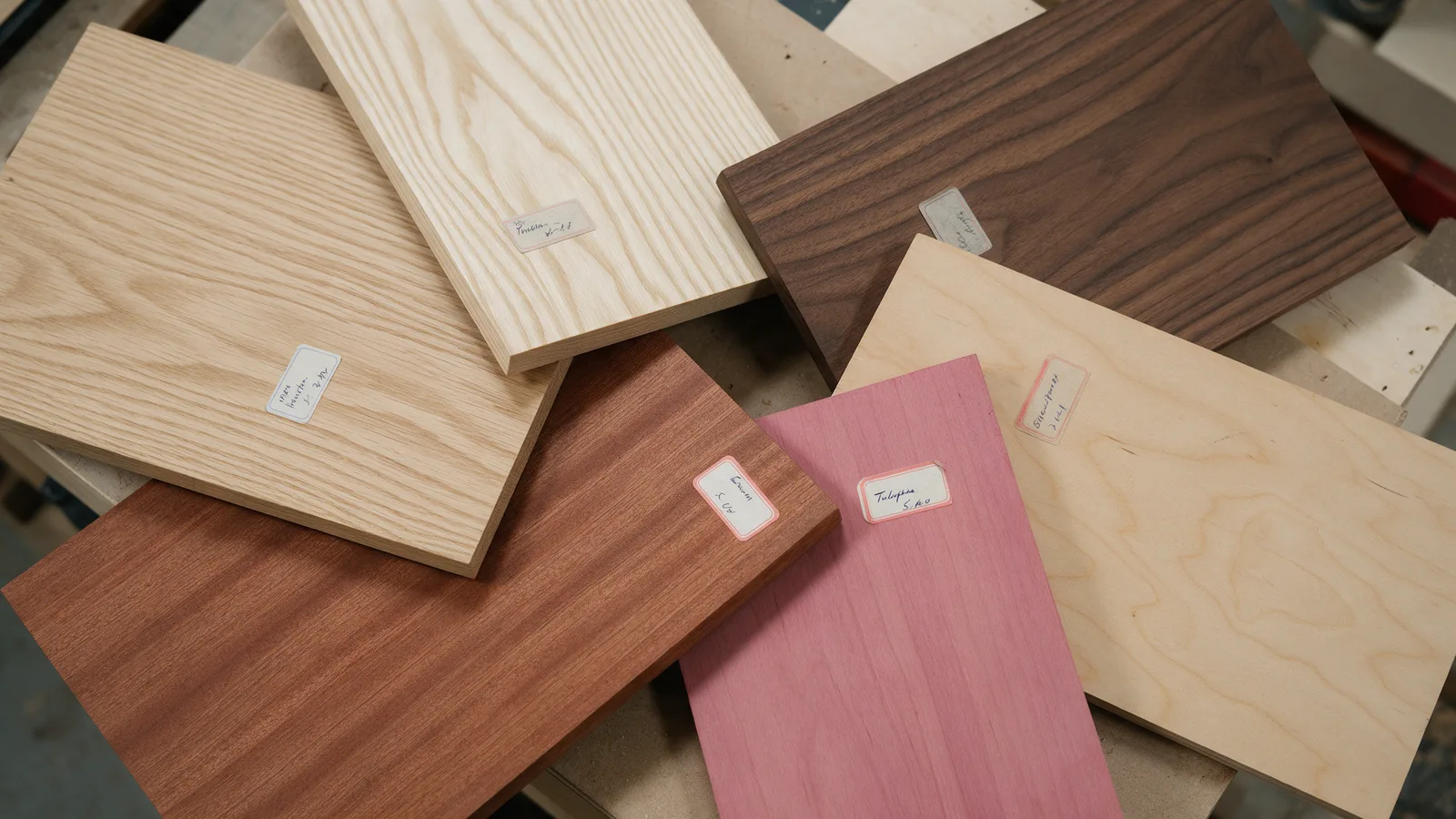 Samples of oak, ash, walnut, sapele, painted tulipwood and birch plywood fanned on a workbench with handwritten labels