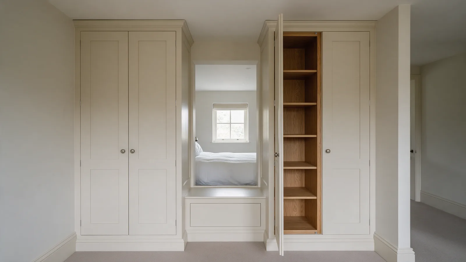 Floor-to-ceiling fitted wardrobes in painted off-white either side of a window seat, one door open showing oak shelving
