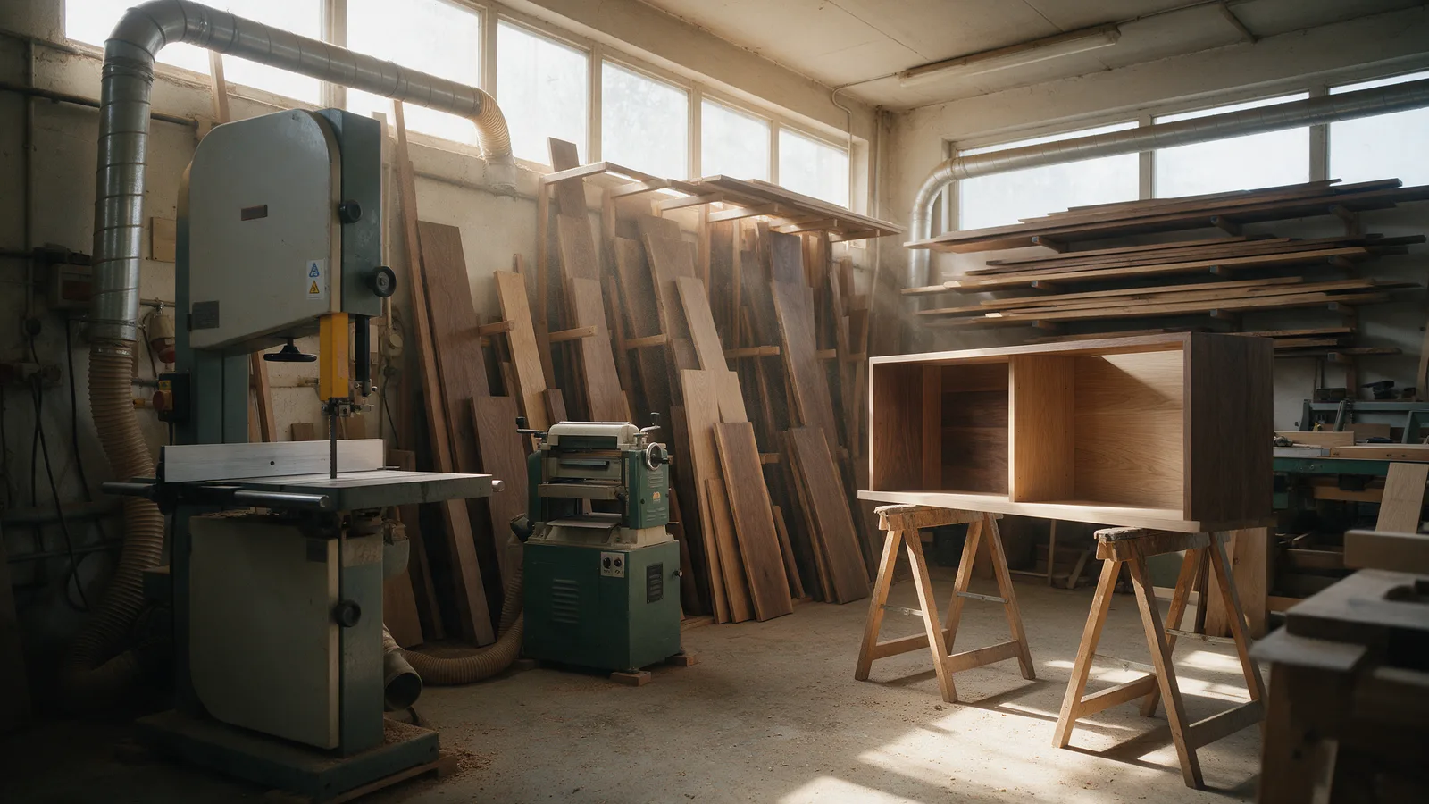 The joinery workshop interior with a bandsaw, racks of oak and walnut boards and a half-built cabinet on trestles