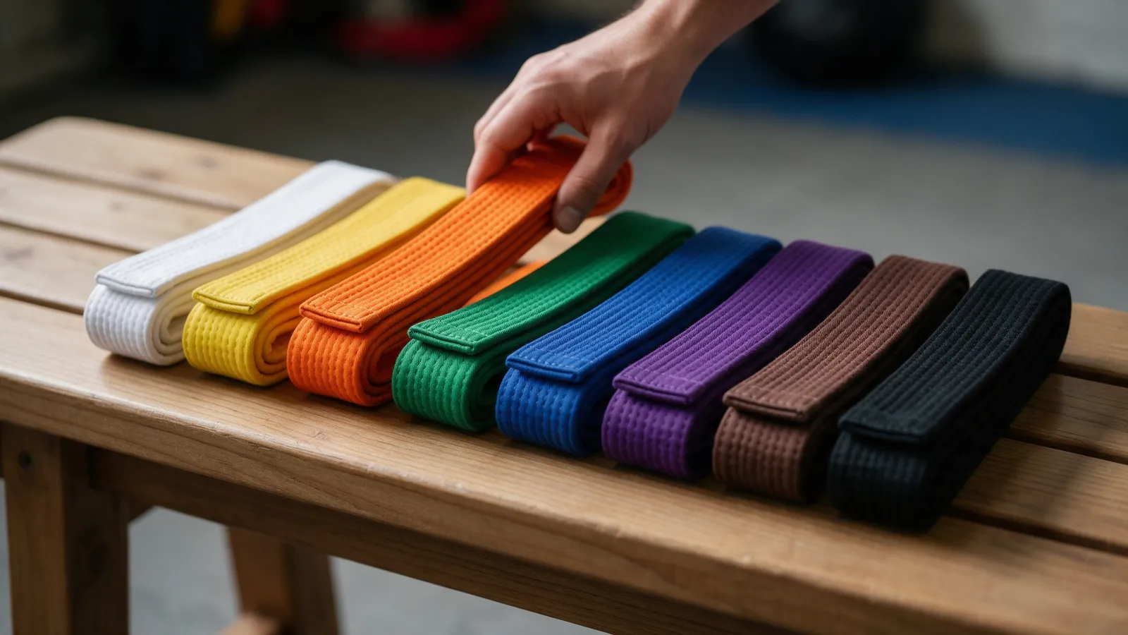 A row of folded martial arts belts on a wooden bench in order from white to black, a hand placing a new orange belt