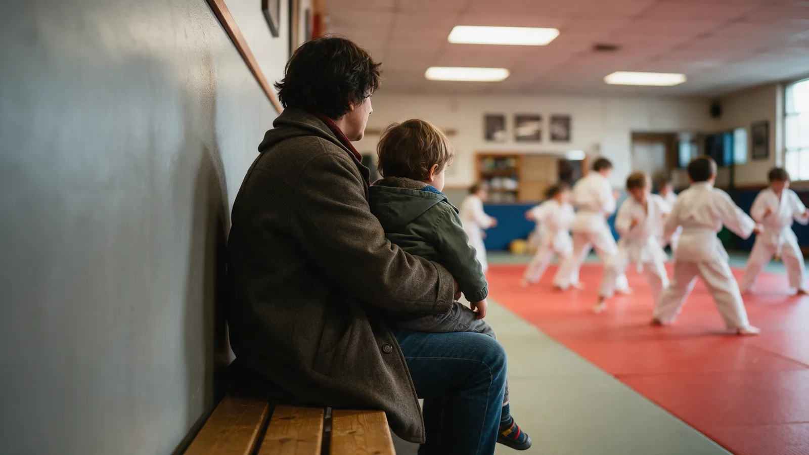 A parent in a coat with a small child watching a children's martial arts class from a wooden bench along the side wall of a dojo