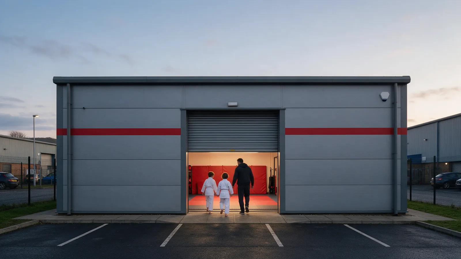 A grey steel-clad industrial unit with a red stripe and a roller shutter half up showing red mats inside at dusk, two children in gis walking in with a parent
