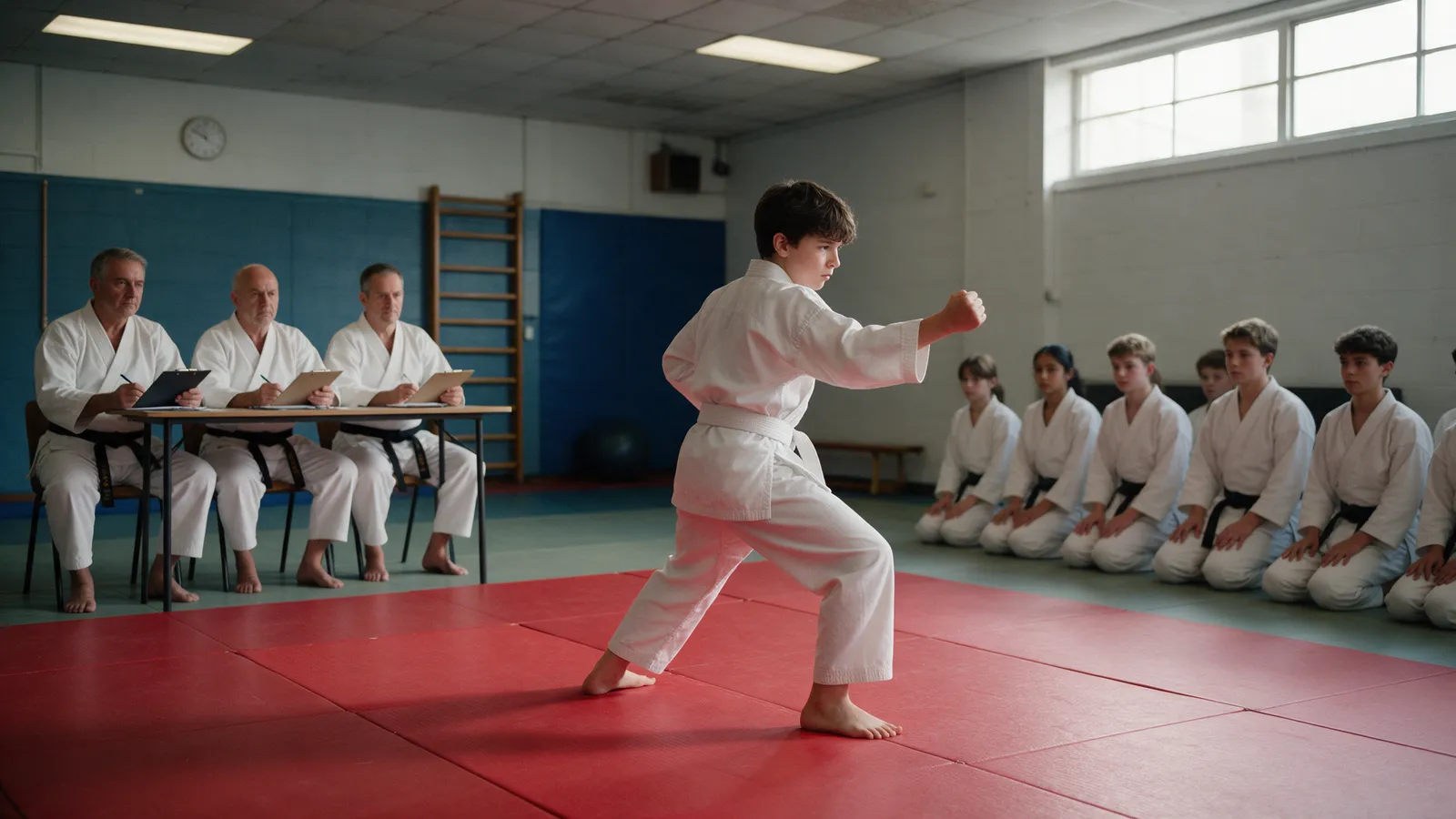 A teenage boy in a white gi performing a kata alone on red mats while three examiners in black belts watch from a table