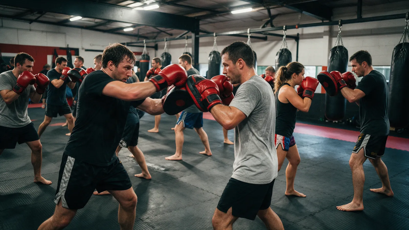 Adults in T-shirts and shorts with red boxing gloves striking pads held by partners across a matted gym, heavy bags hanging behind