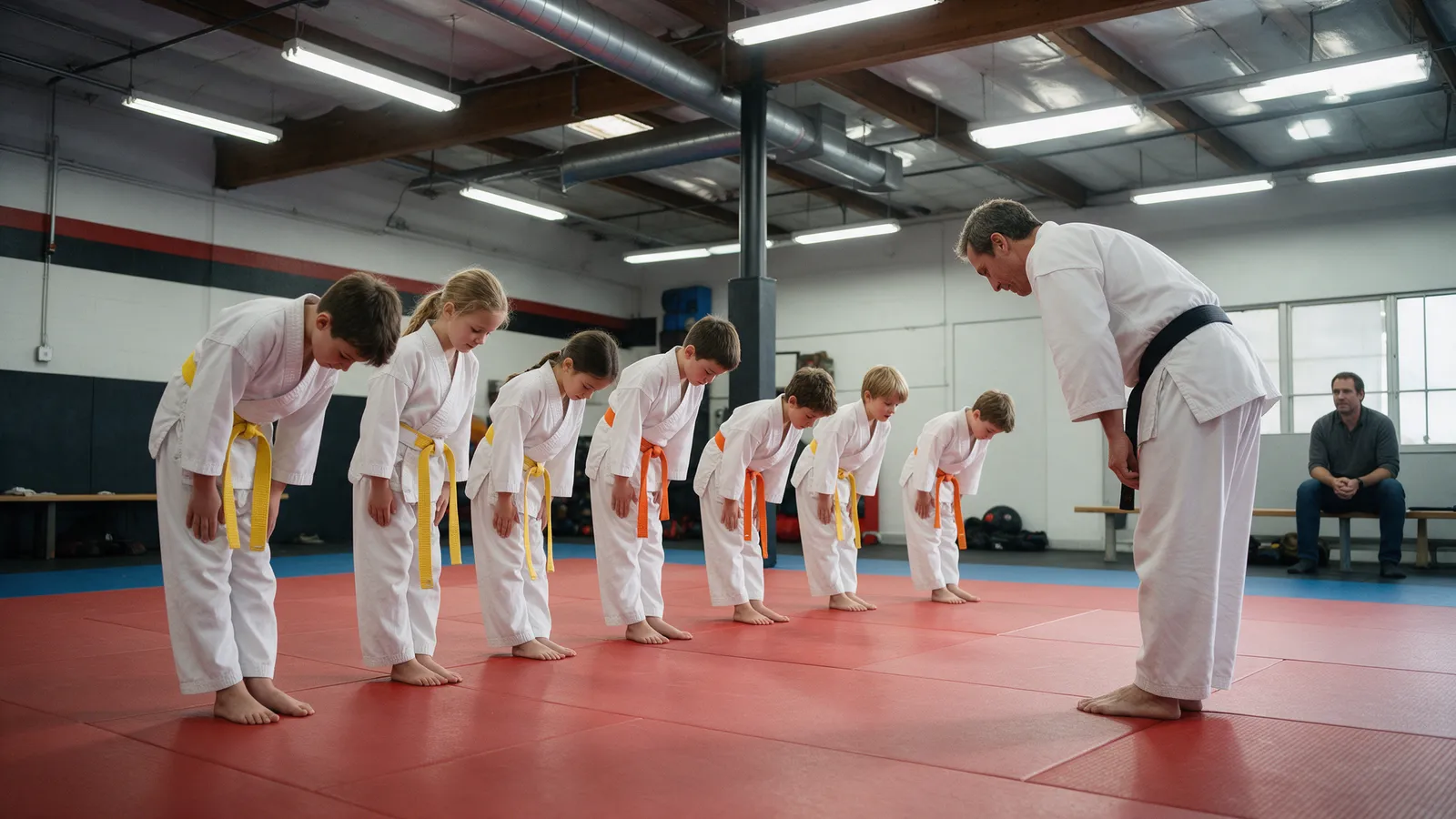 Eight children in white gis with white, yellow and orange belts bowing in a line on red mats, an instructor in a black belt bowing back