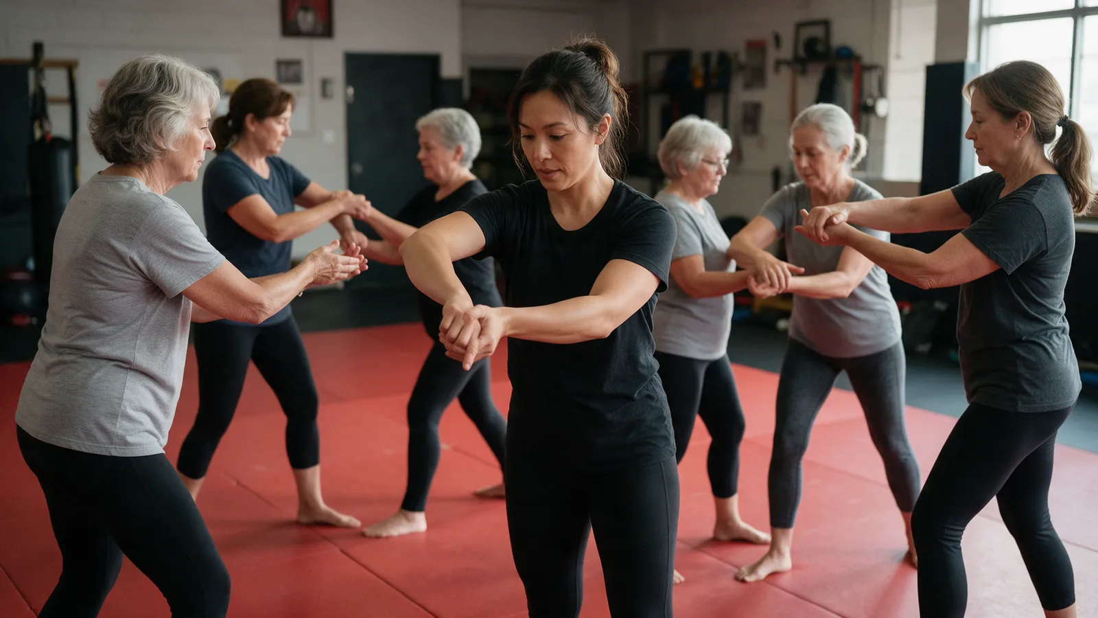 Six women of different ages in leggings and T-shirts practising a wrist release with partners on red mats, a female instructor demonstrating