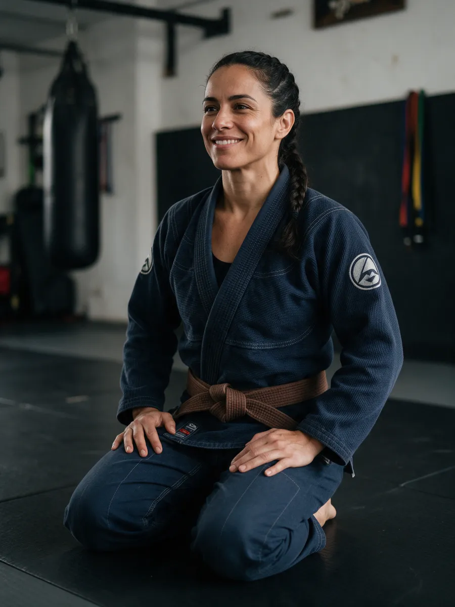 Ffion Davies, a woman in her mid-thirties with a dark braid in a navy BJJ gi and brown belt, kneeling on black mats