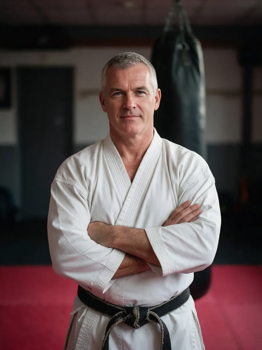 Gareth Morgan, a Welsh man in his early fifties with short grey hair in a white gi and a worn black belt, arms folded on red mats
