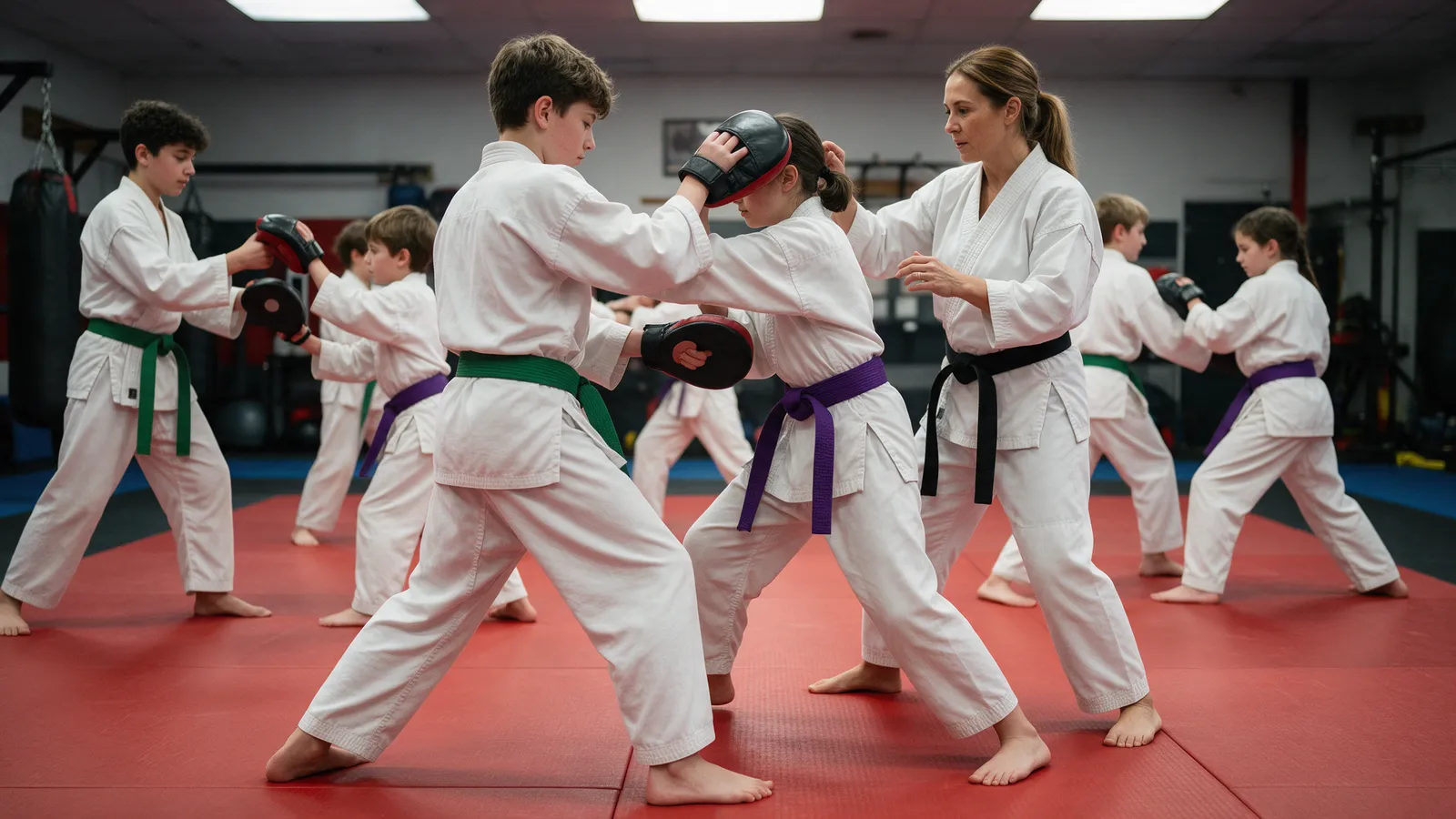 Teenagers in white gis with green and purple belts doing a controlled block and counter with mitts, a female instructor watching