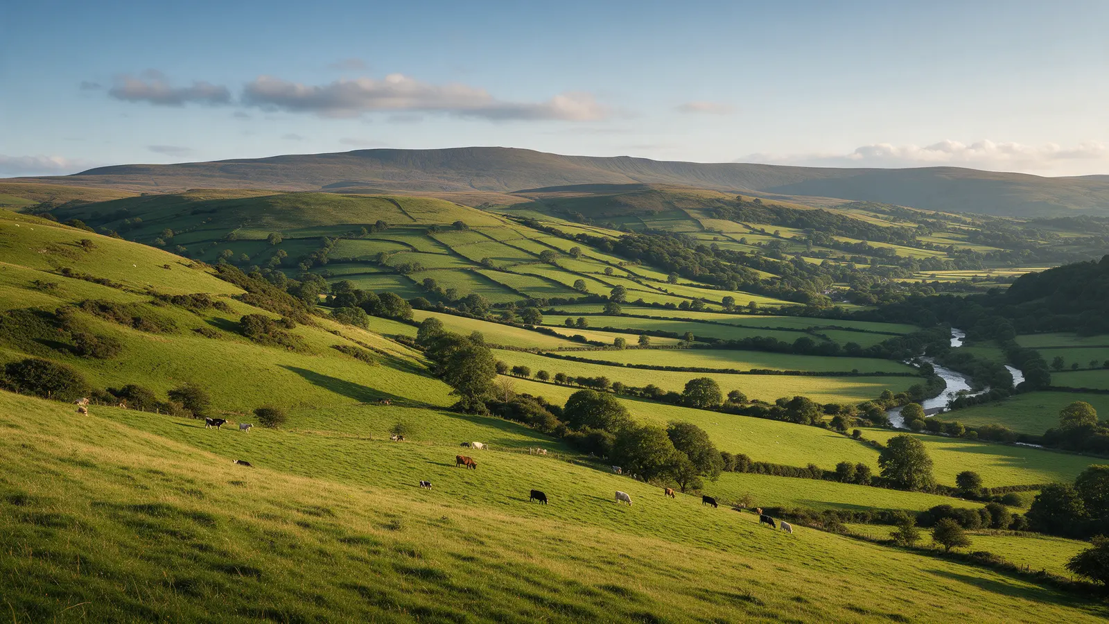 Rolling green hills, hedged fields and a river valley in Carmarthenshire with the Black Mountain on the horizon in late golden light