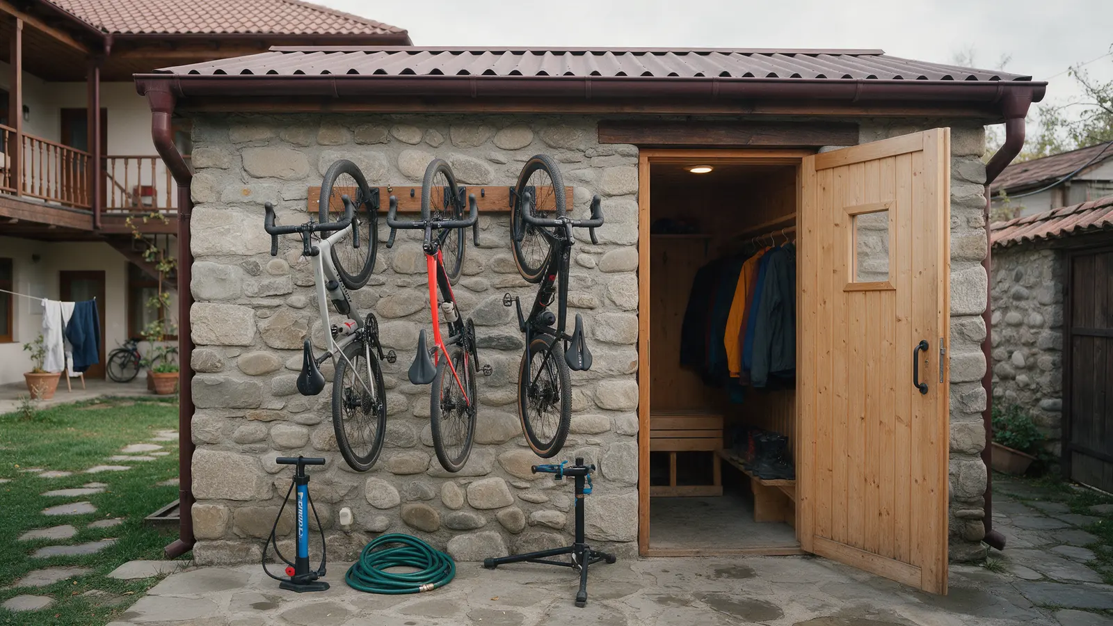 A stone-walled bike store in a guesthouse yard with three bicycles on a wall rack, a pump, a hose and a work stand, and a drying room door open beside it