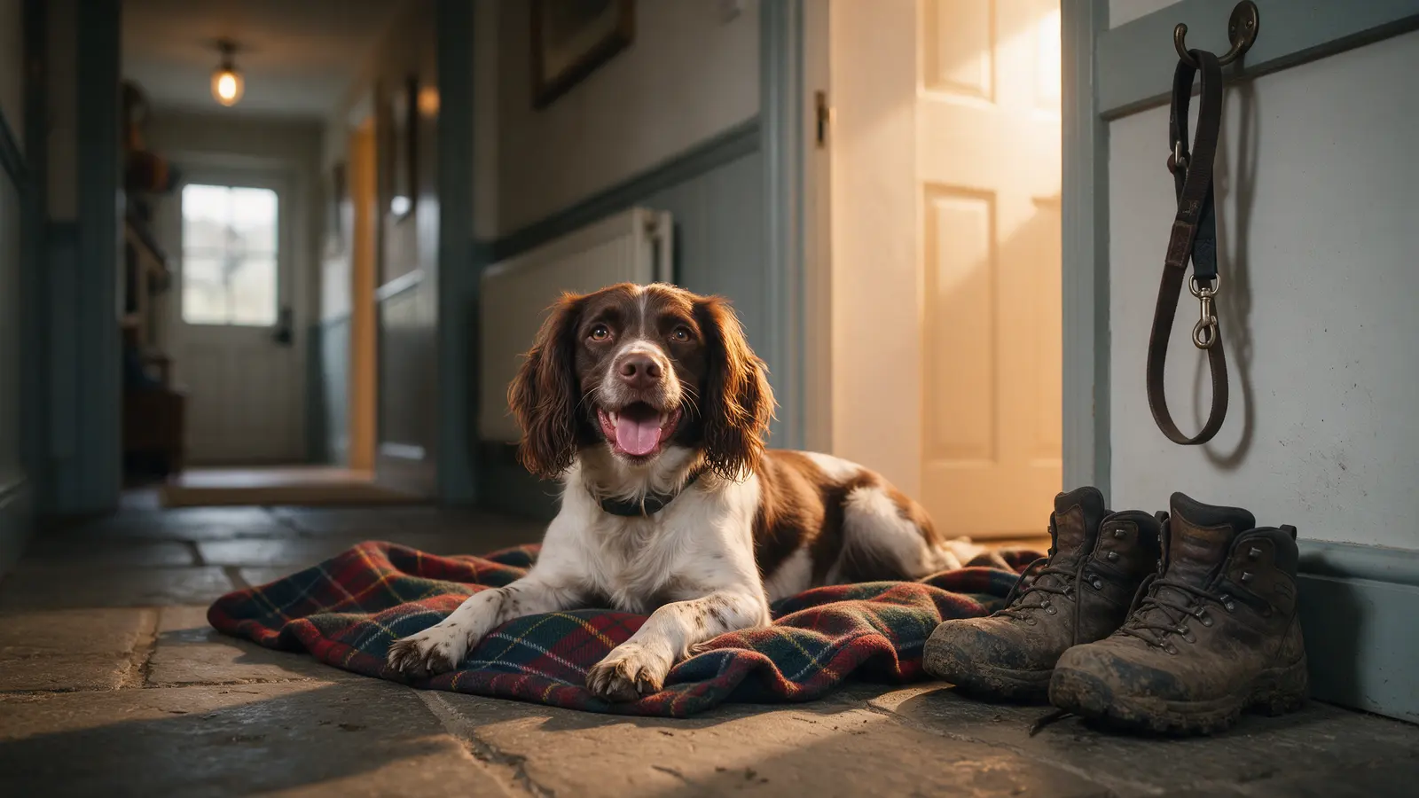A brown and white springer spaniel lying on a tartan blanket on the stone floor of a guesthouse hallway beside muddy walking boots and a lead on a hook