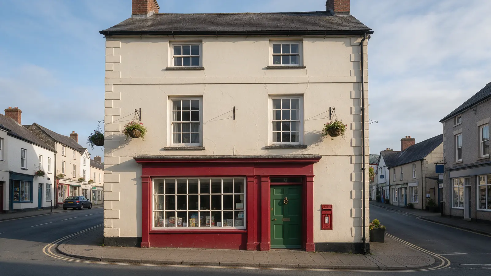 The Old Post Office on Broad Street, Llandovery: a cream Georgian front with a red shopfront and multi-pane window, a dark front door and a red wall post box