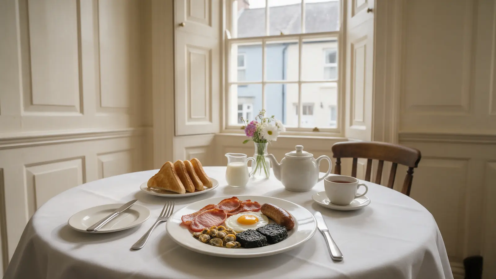 A full Welsh breakfast by a tall sash window in the Old Post Office breakfast room: bacon, egg, sausage, laverbread and cockles, a rack of toast and a pot of tea