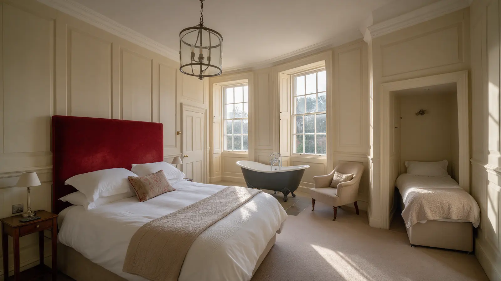 The Postmaster's Room: a king-size bed with a red velvet headboard, a roll-top bath by two tall sash windows, an armchair and a single bed in an alcove
