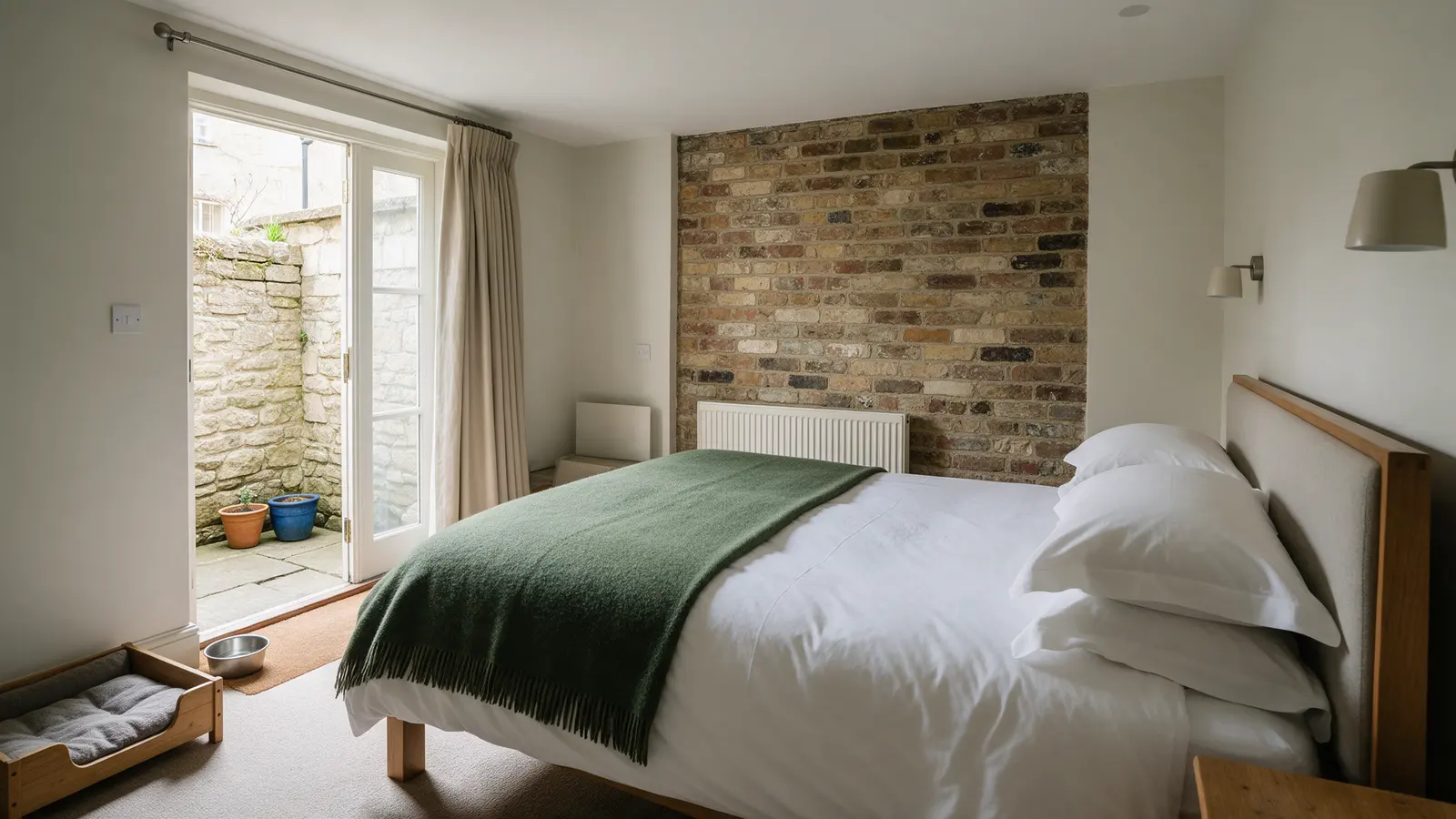 The Sorting Office: a ground-floor bedroom with a king-size bed, white linen and a green throw, an old brick wall, a dog bed and bowl by a glazed door to a stone courtyard