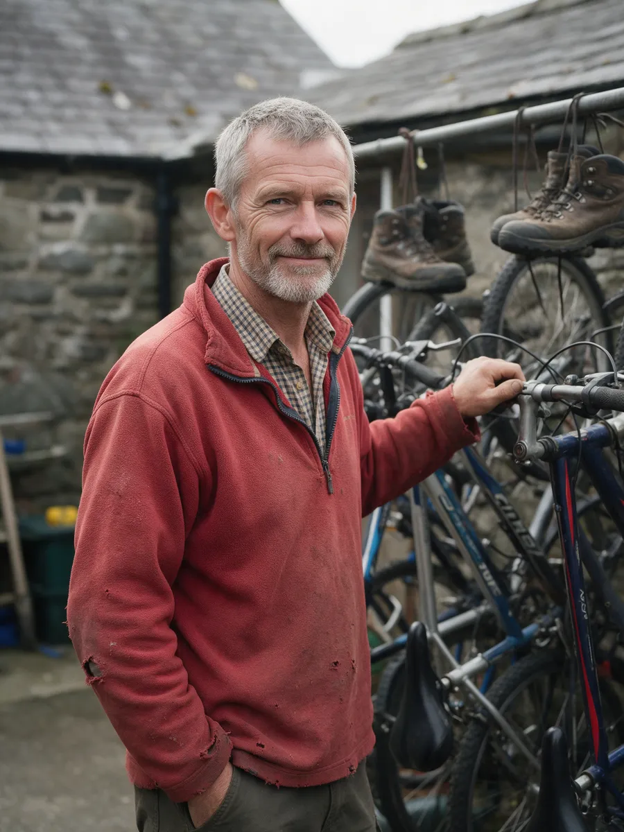 Dafydd Pryce, a lean man in his fifties with short grey hair and a beard, in a red fleece beside a rack of bicycles and hanging walking boots in a stone yard