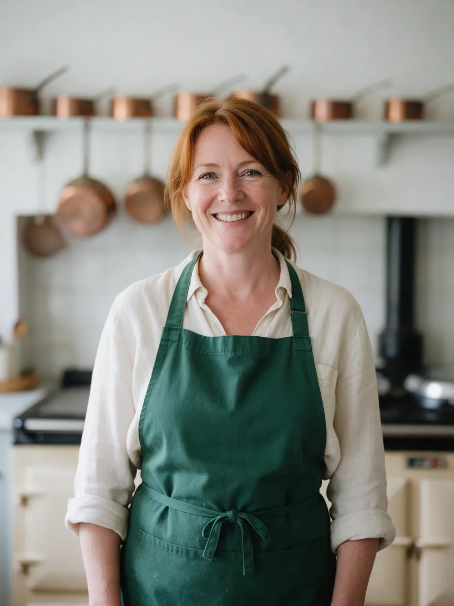 Ffion Pryce, a woman in her forties with auburn hair tied back, in a bottle-green apron over a cream shirt in a kitchen with copper pans
