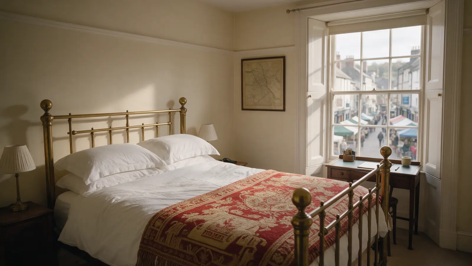 The Telegraph Room: a brass double bed with a red and cream Welsh tapestry blanket, a writing desk under a sash window over the market street