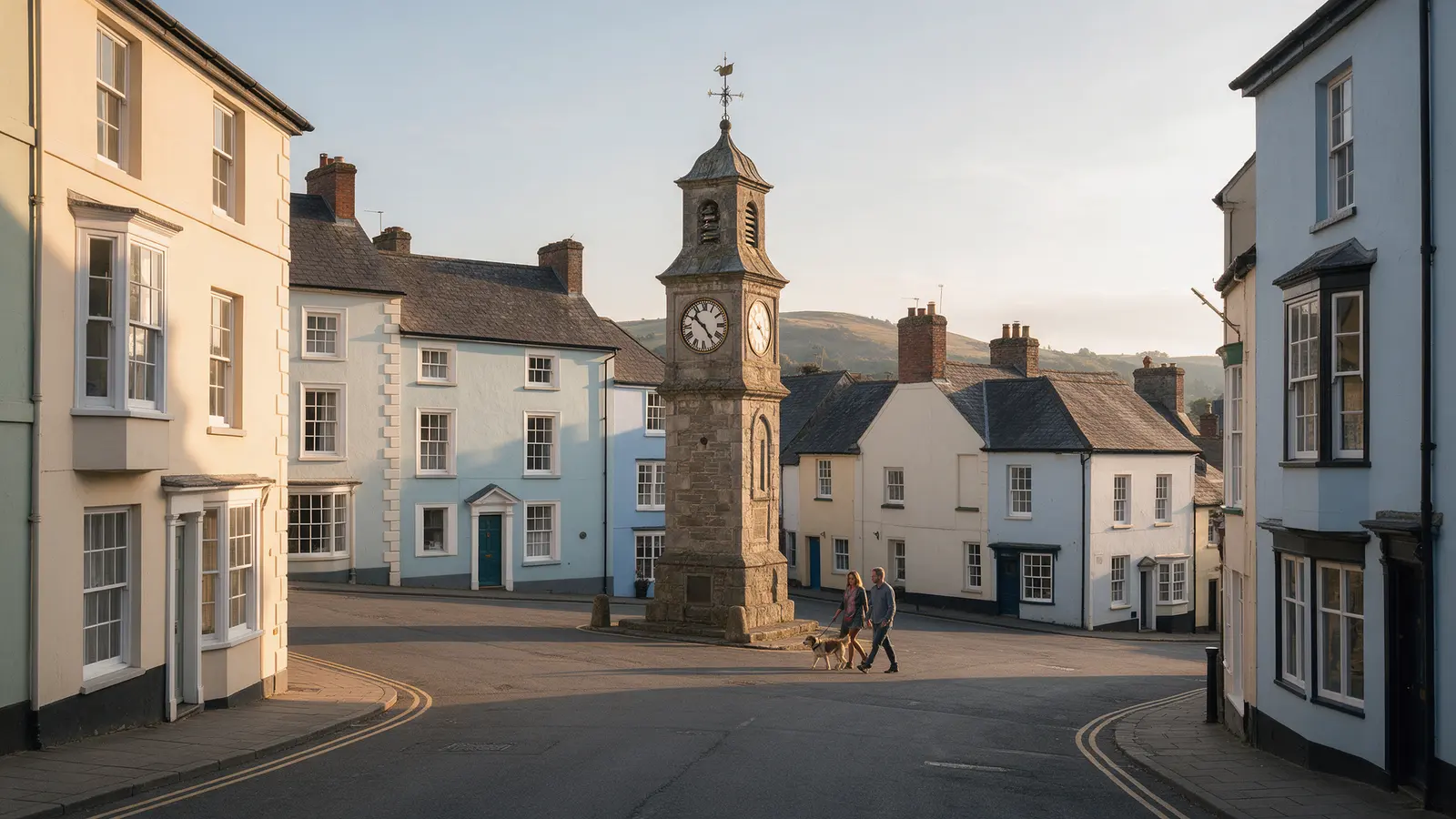 The market square of a small mid Wales town in early evening, a stone clock tower and Georgian houses in soft colours, a couple walking a dog