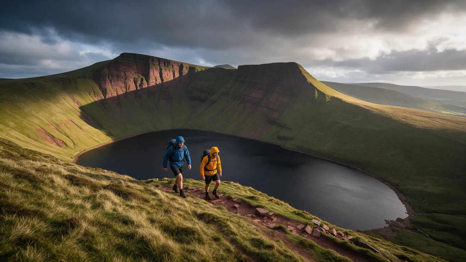 Two hillwalkers on a ridge path above a dark lake under steep red sandstone escarpments on the Black Mountain