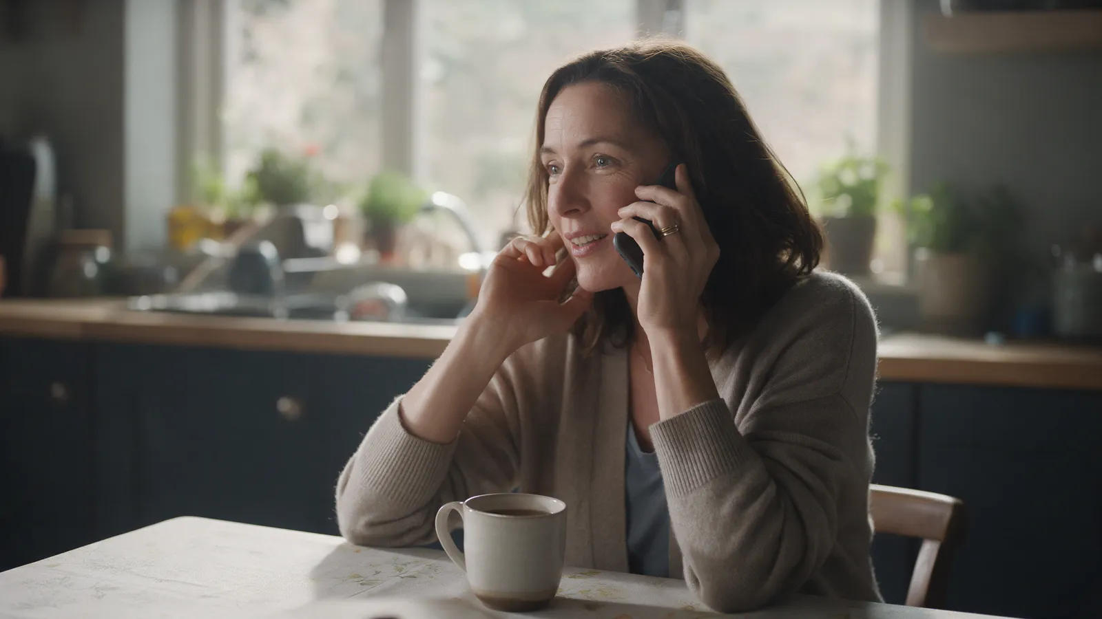 A woman sitting at a kitchen table in morning light, talking on the phone with a mug of tea in front of her