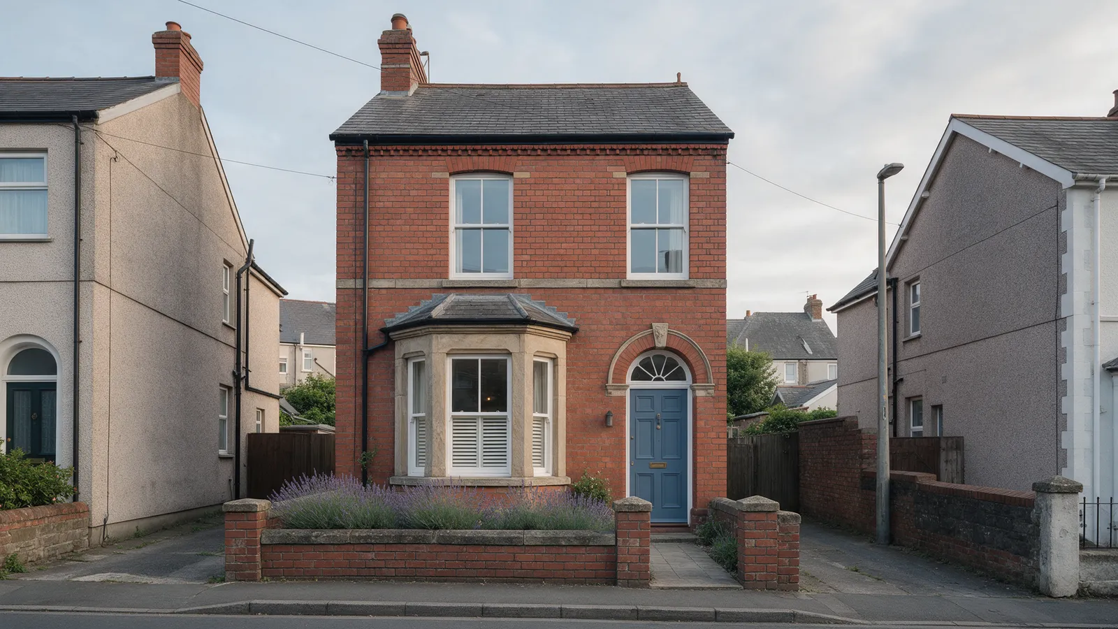 A red-brick Victorian semi-detached house with a stone bay window, a dusk-blue front door and lavender in the front garden