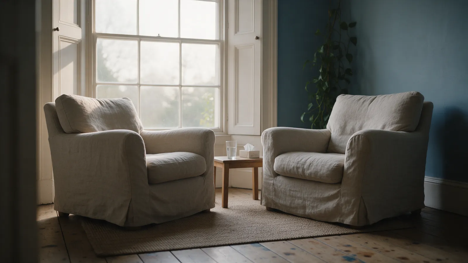 A calm counselling room with two oatmeal linen armchairs angled towards each other by a tall sash window, a dusk-blue wall and a trailing plant