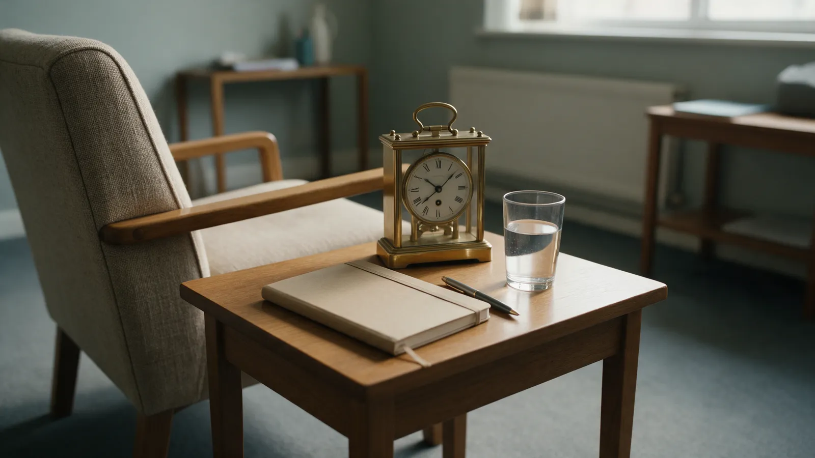 A closed notebook and a pen on a small wooden side table beside an armchair, with a carriage clock and a glass of water in soft light