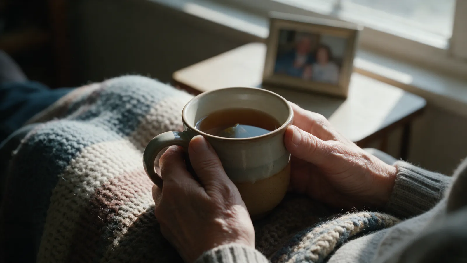 An older person's hands holding a mug of tea on a knitted blanket, a small framed photograph out of focus on the side table