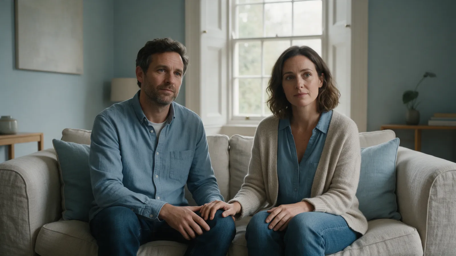 A couple in their late thirties sitting on a linen sofa in a calm counselling room, slightly apart, turned towards an unseen counsellor