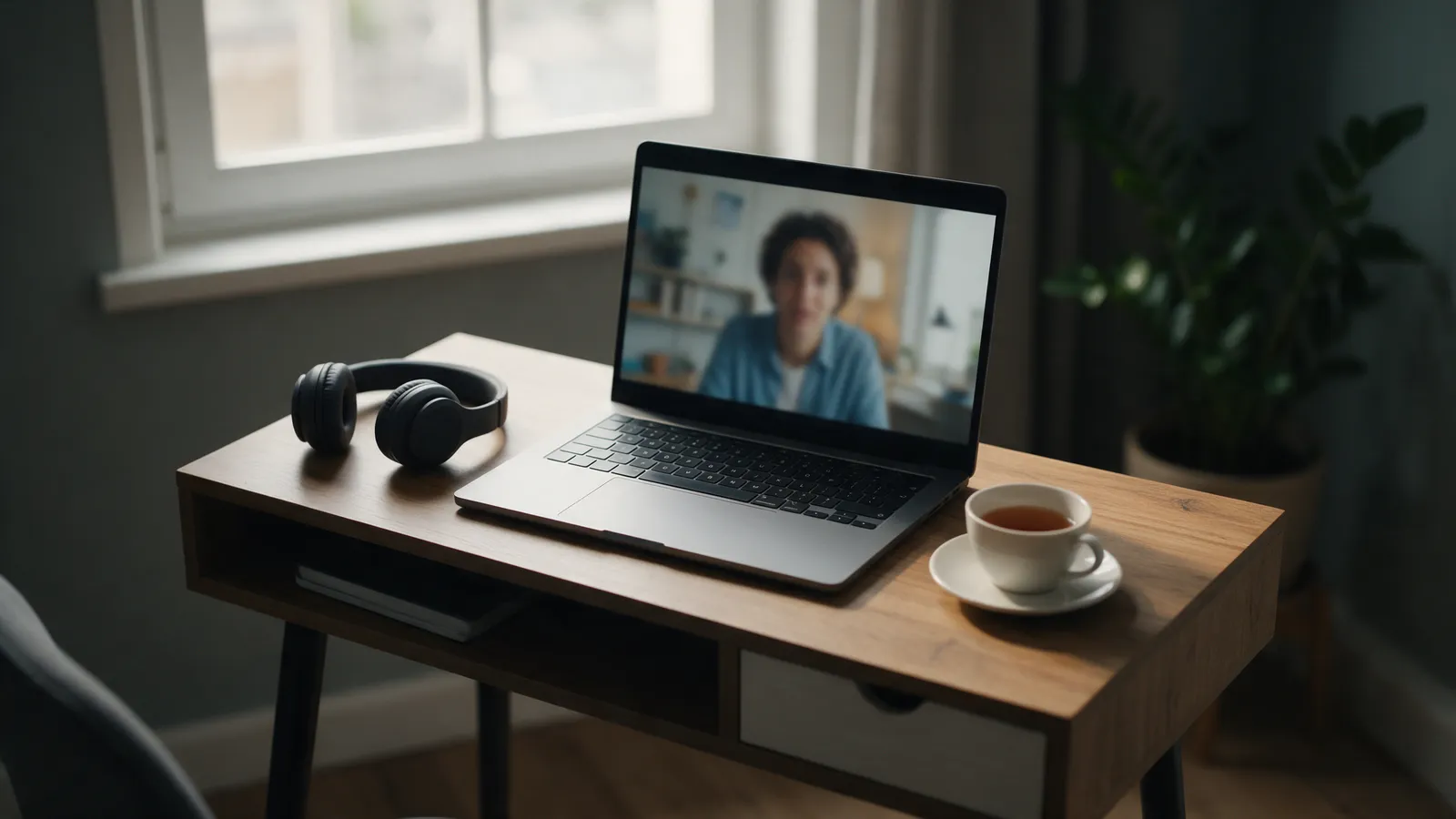 A laptop on a small desk in a quiet home study showing a video call, a pair of headphones and a cup of tea beside it