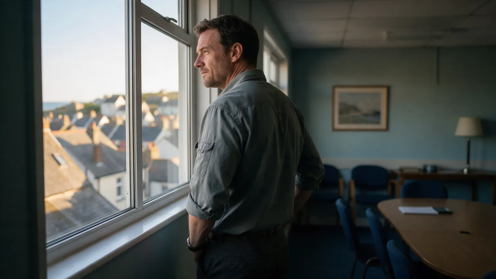 A man in a work shirt standing at the window of a quiet meeting room, looking out over rooftops in soft morning light