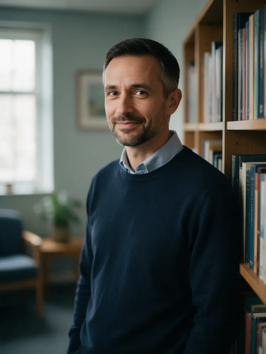Dafydd Lloyd, a slim man in his forties with a short greying beard and a navy jumper, standing by a bookshelf in a quiet therapy room