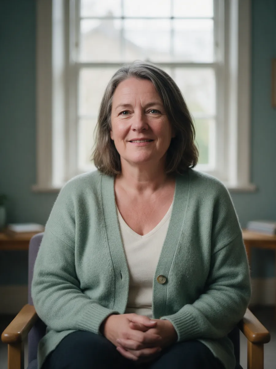 Helen Pryce, a woman in her fifties with shoulder-length greying brown hair and a sage cardigan, seated in an armchair by a sash window