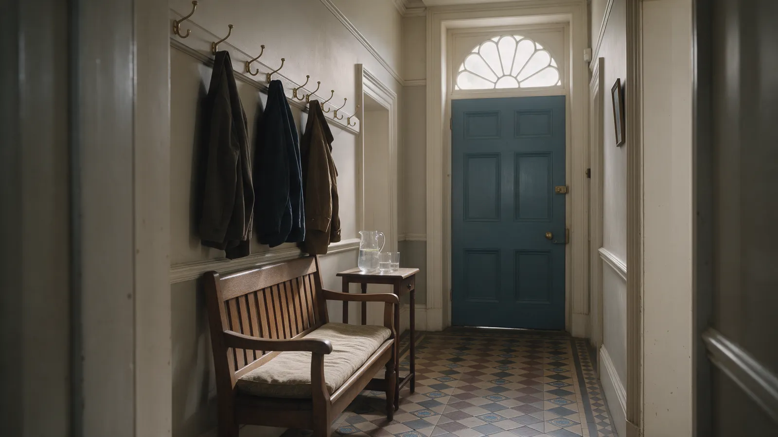 A quiet hallway waiting area in a Victorian house with a wooden bench, coats on hooks and soft light from a fanlight