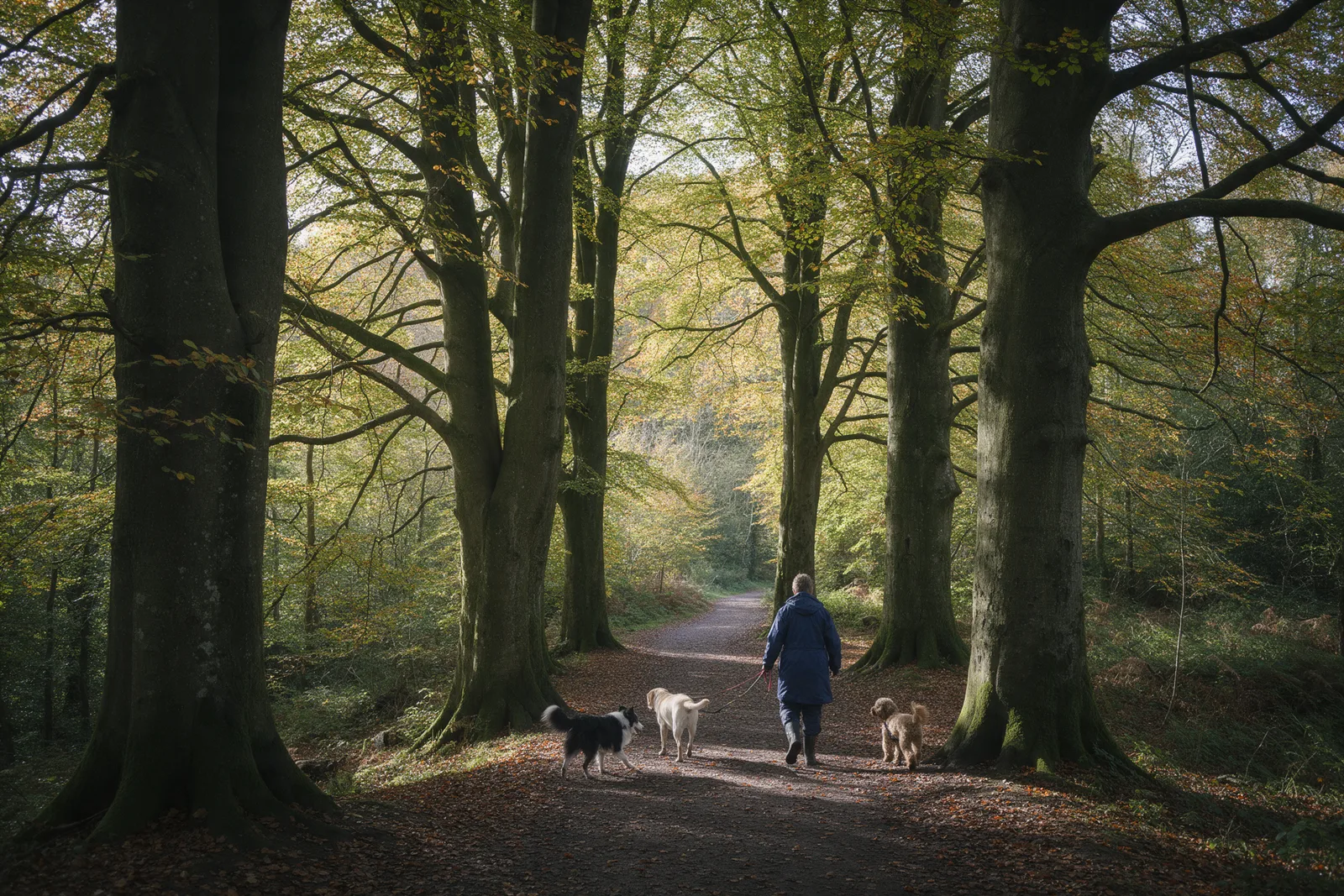 A woodland path through tall beech trees in autumn with a dog walker and three dogs off the lead among fallen leaves