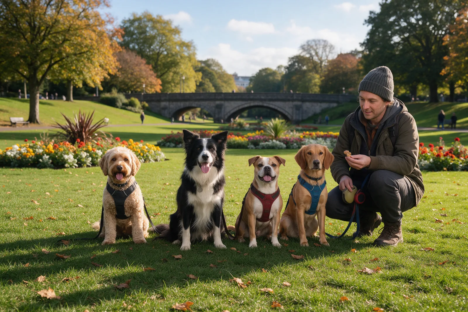 Four dogs sitting in a row on grass in a park with a dog walker crouching beside them and a stone bridge behind
