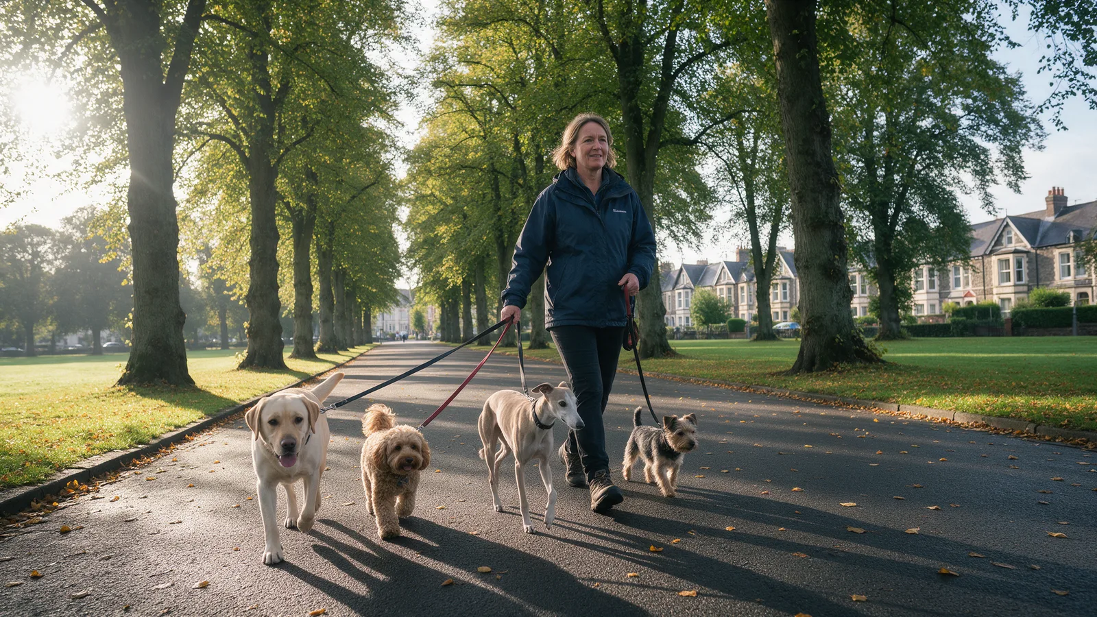 A dog walker in a navy waterproof walking a labrador, a cockapoo, a whippet and a border terrier on leads along the lime avenue in Pontcanna Fields in autumn