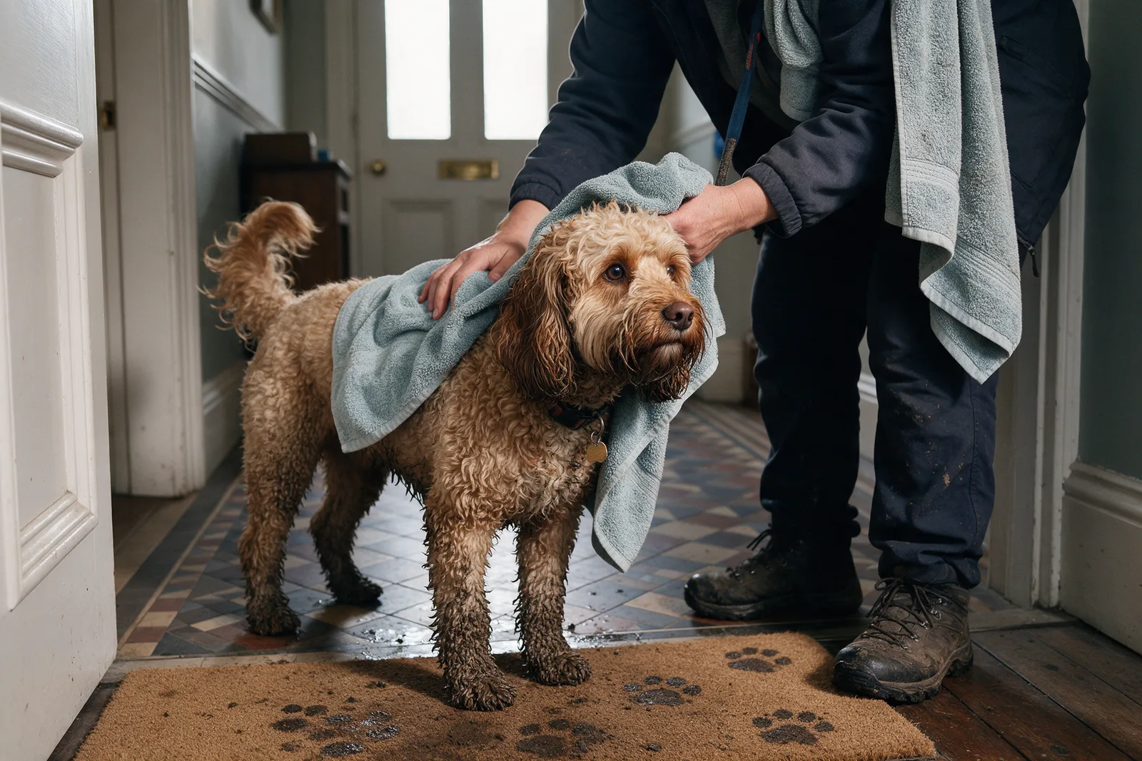 A muddy cockapoo being towelled dry by a dog walker in the tiled hallway of a Victorian house