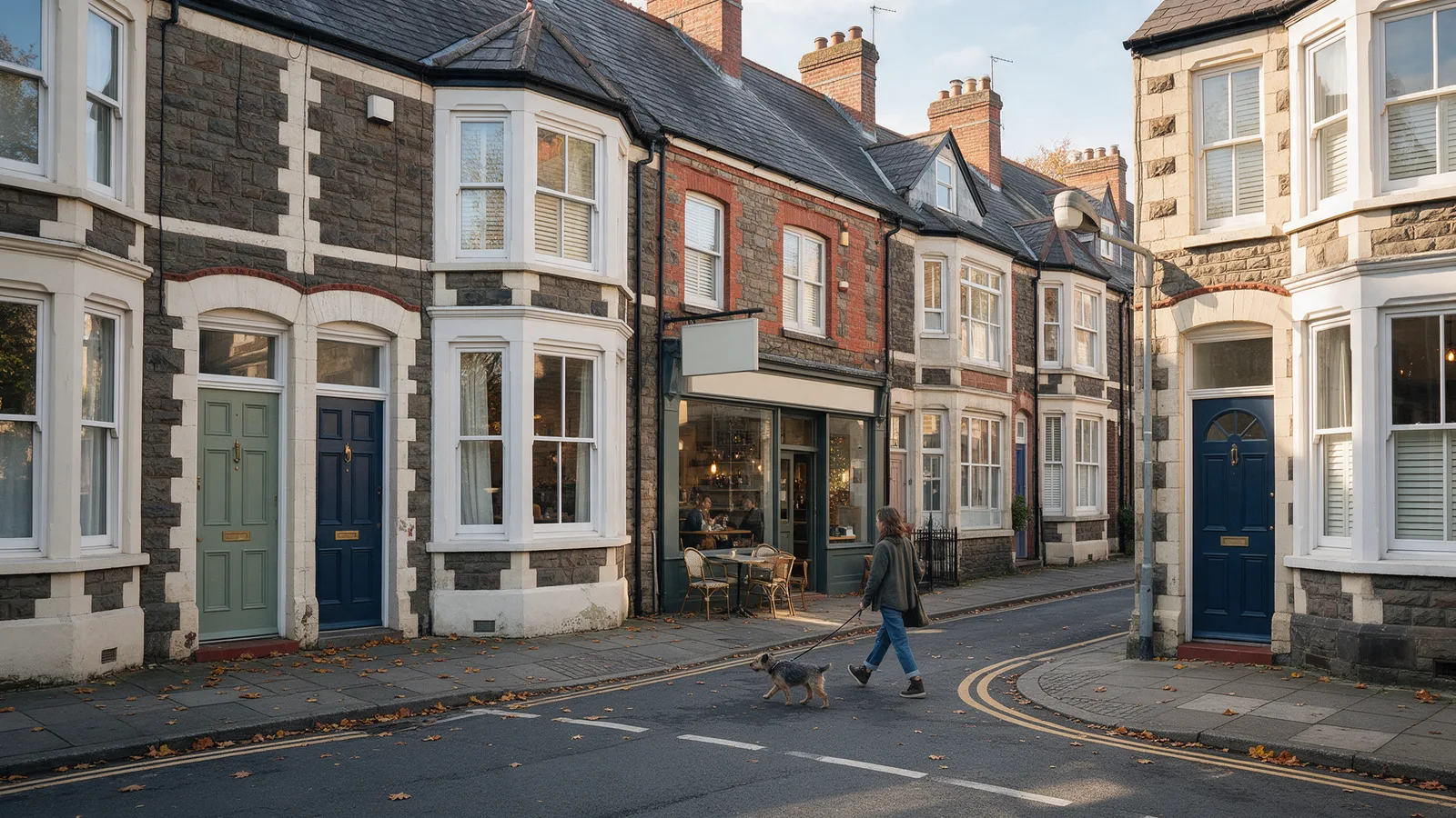 A Victorian terraced street in Pontcanna with bay windows and painted front doors, a woman walking a border terrier across the road in autumn