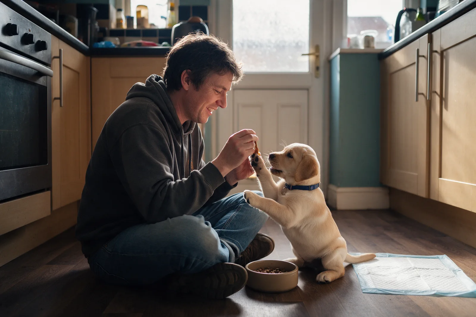 A dog walker sitting on a kitchen floor playing with a twelve-week-old labrador puppy, a food bowl and a puppy pad nearby