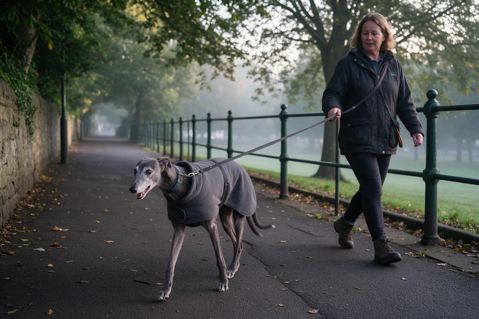 A grey greyhound in a fleece coat on a long training lead walking calmly beside a walker on a quiet leafy lane