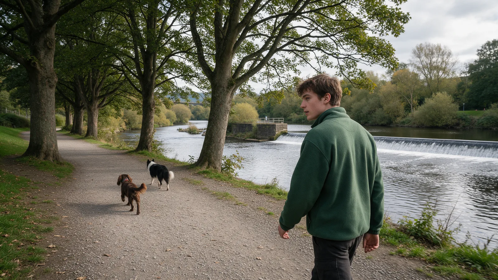 A riverside gravel path beside the River Taff with a walker and two dogs ahead of him, trees and a weir beyond