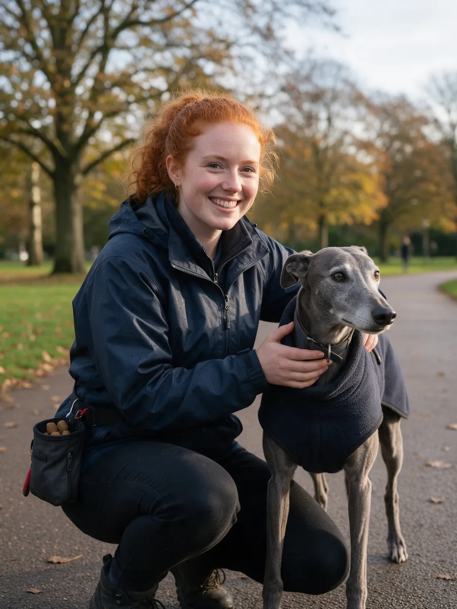 Ffion Rees, a young woman with curly red hair tied back in a navy waterproof with a treat pouch, crouching beside a greyhound in a fleece coat on a park path