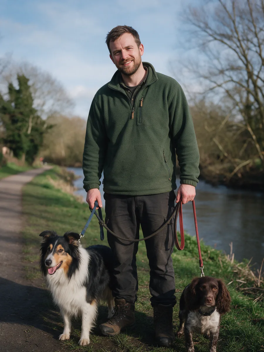 Jamie Pritchard, a man in his early thirties with a short beard in a green fleece holding two leads with a collie and a spaniel at his feet beside a river path